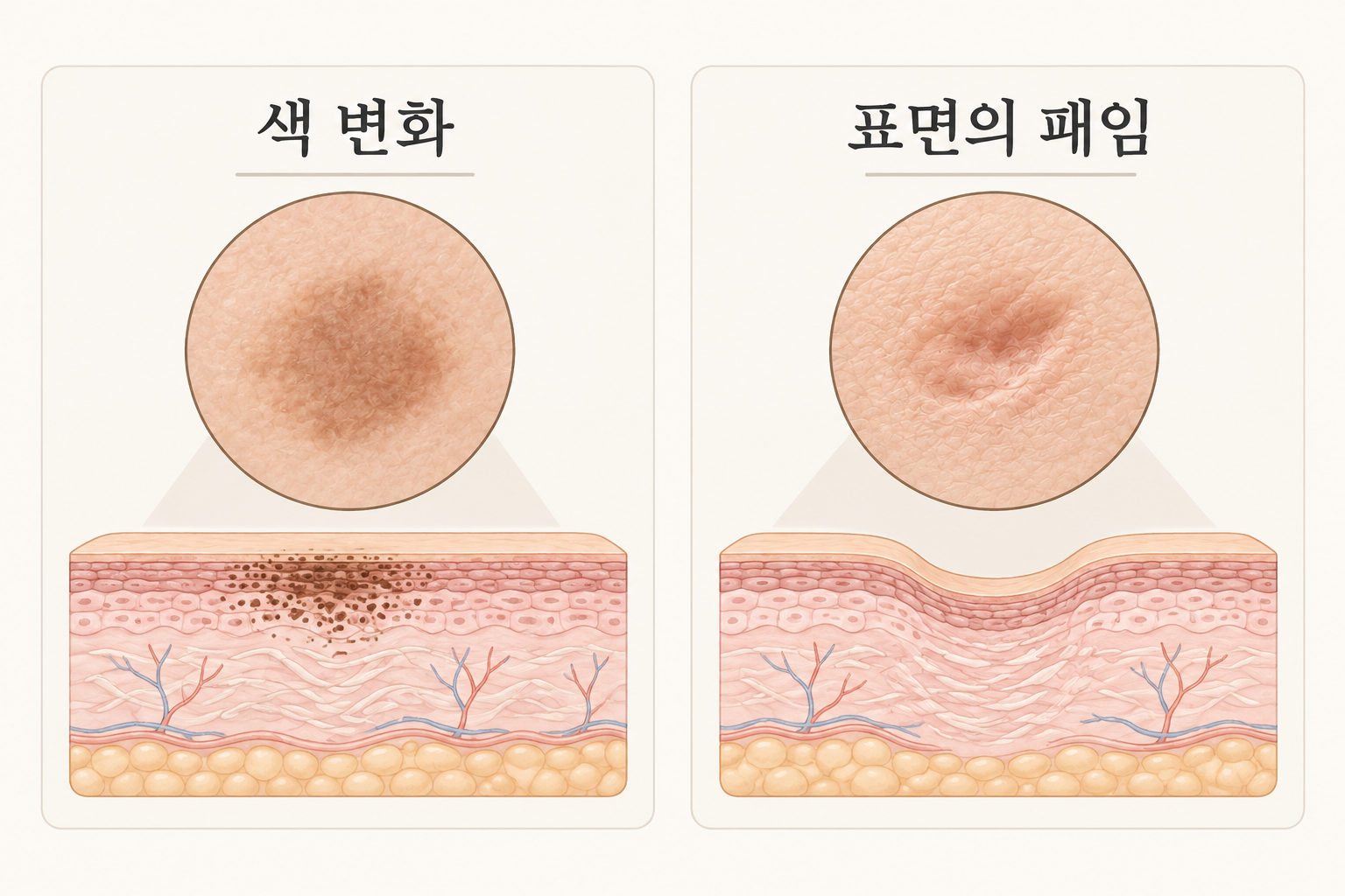 평평한 색 변화와 표면이 패인 흉터의 차이를 나타낸 설명 그림