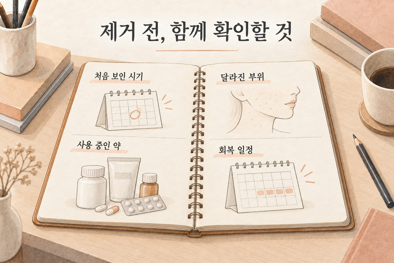 처음 보인 시기, 달라진 부위, 사용 중인 약, 회복 일정을 정리한 상담 준비 그림
