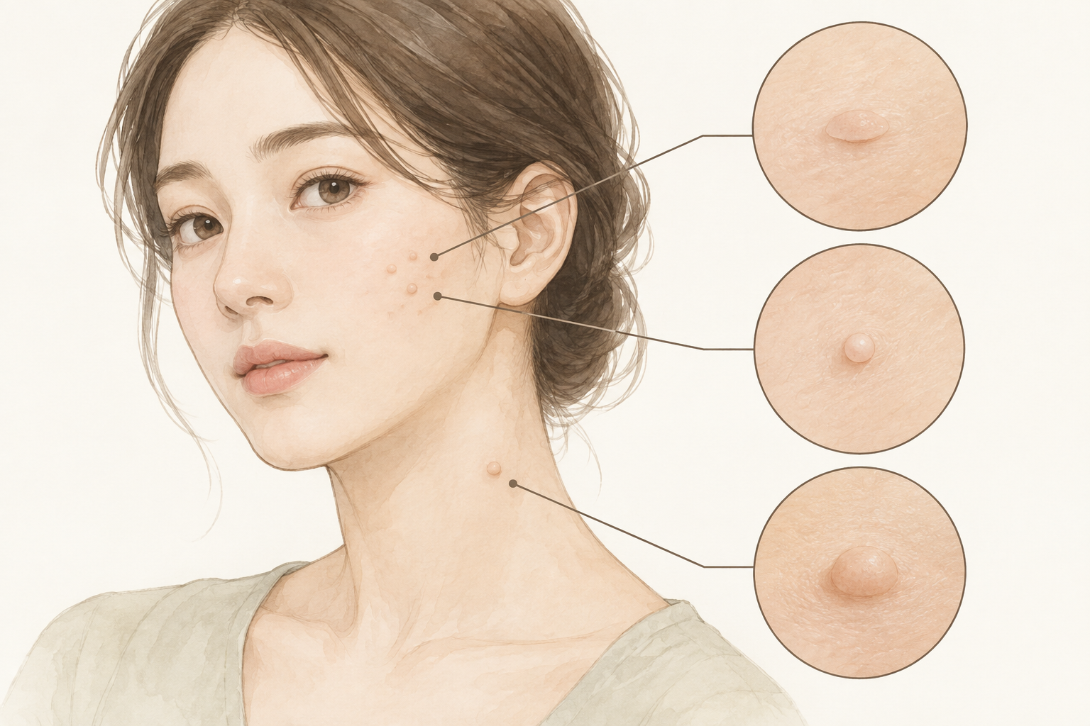 얼굴과 목의 작은 돌기와 서로 다른 표면 모양을 확대한 설명 그림