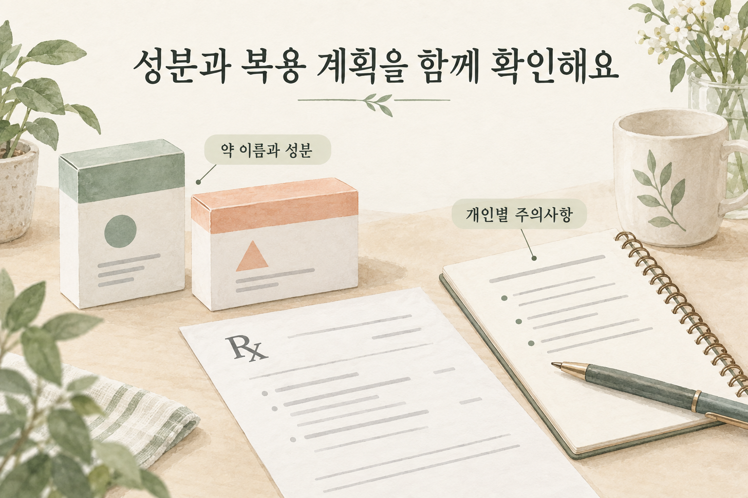 약 이름과 성분, 개인별 주의사항을 확인하는 처방 상담 그림