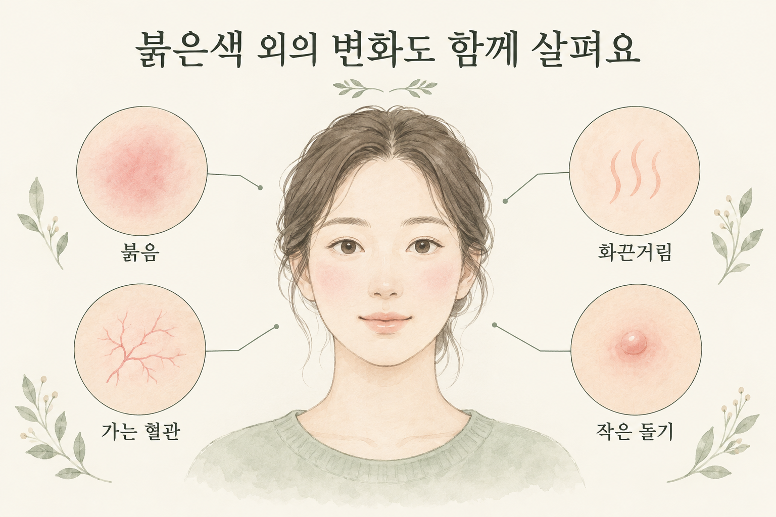 붉음과 화끈거림, 혈관과 돌기를 함께 살피는 설명 그림
