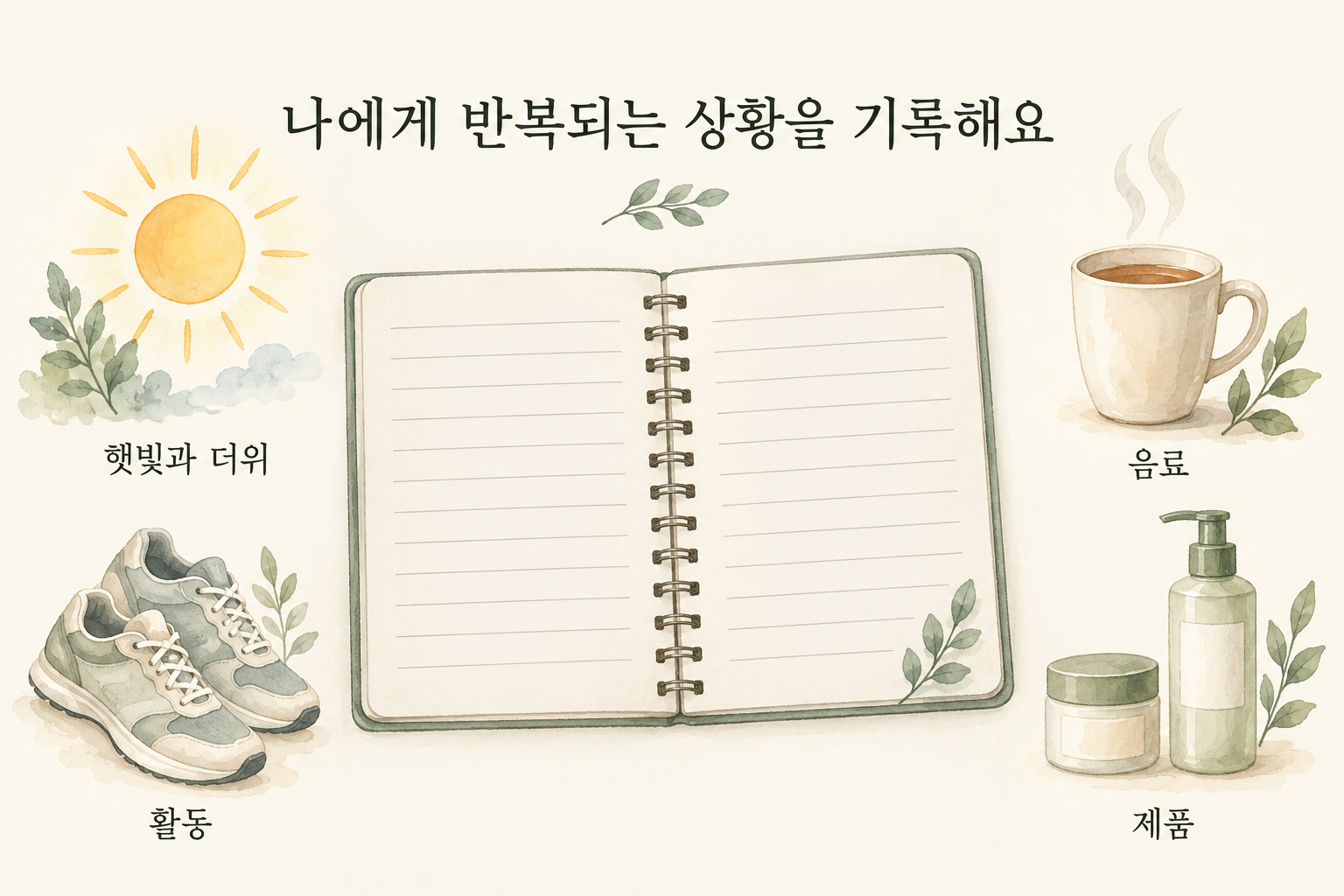생활 속 자극과 홍조가 나타난 상황을 기록하는 설명 그림