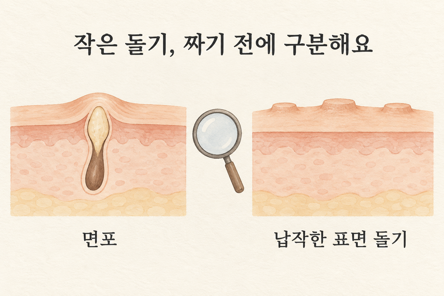 면포와 납작한 피부 돌기를 비교해 살펴보는 설명 그림