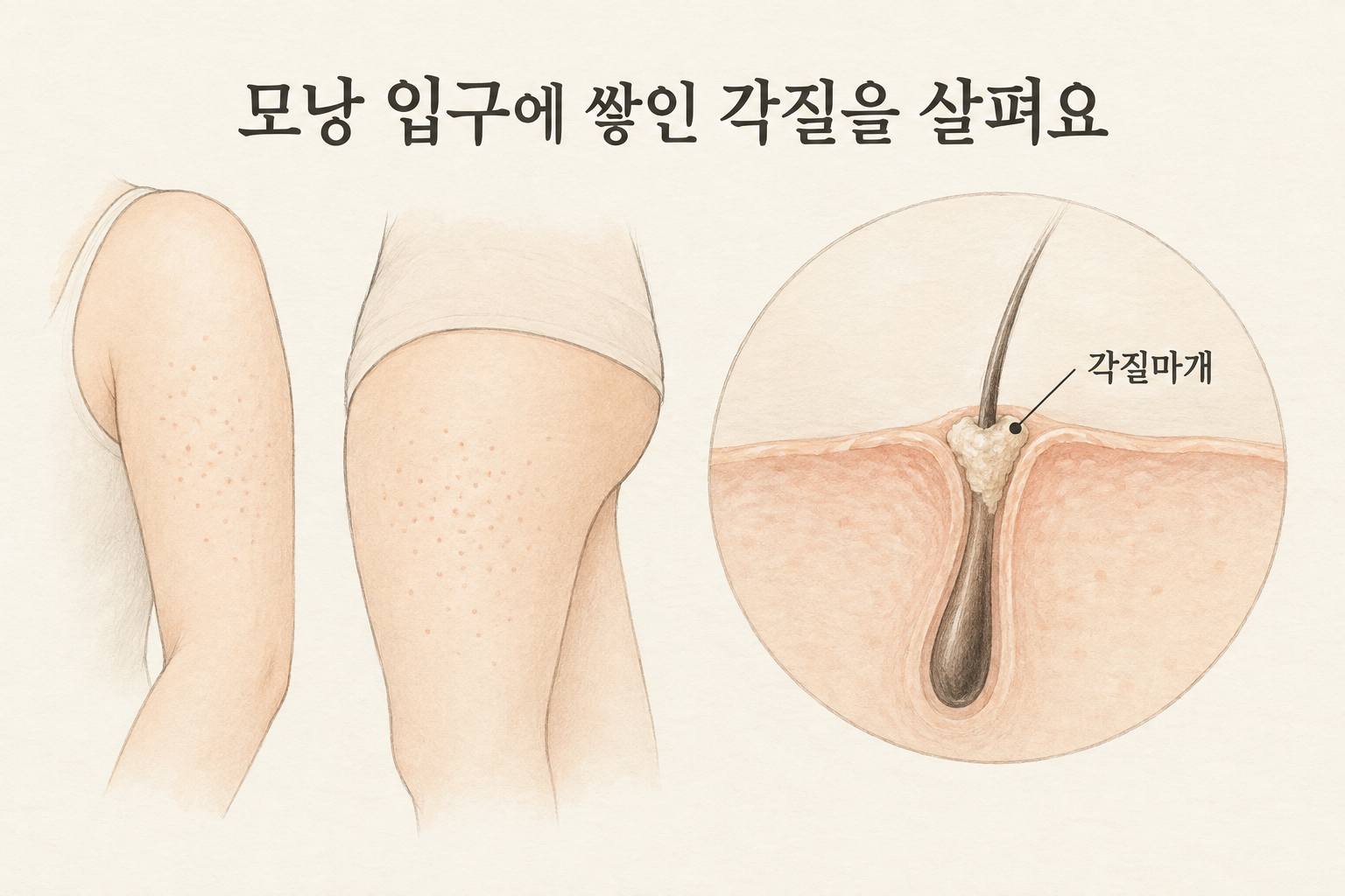 팔과 허벅지의 작은 각질 돌기를 보여주는 설명 그림