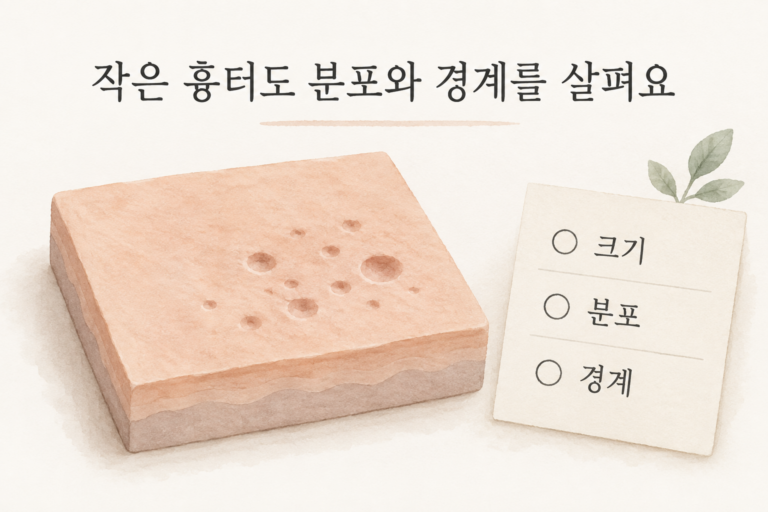 볼의 패인 여드름 흉터를 크기·분포·경계로 나누어 살피는 설명 그림