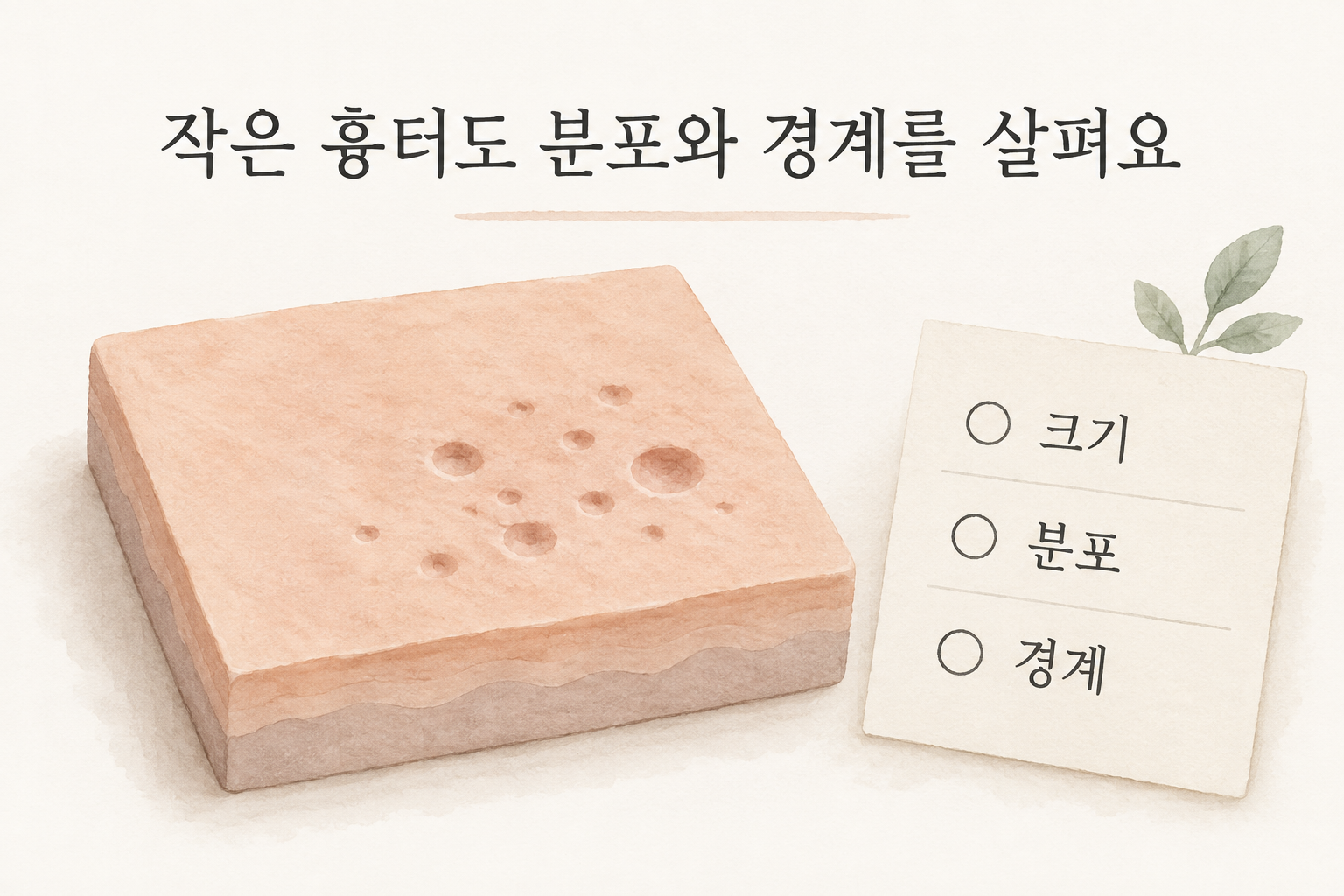 볼의 패인 여드름 흉터를 크기·분포·경계로 나누어 살피는 설명 그림