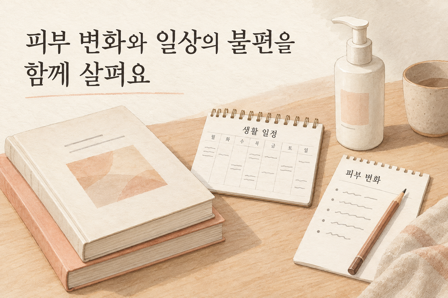 청소년의 생활 일정과 피부 변화를 함께 살피는 설명 그림