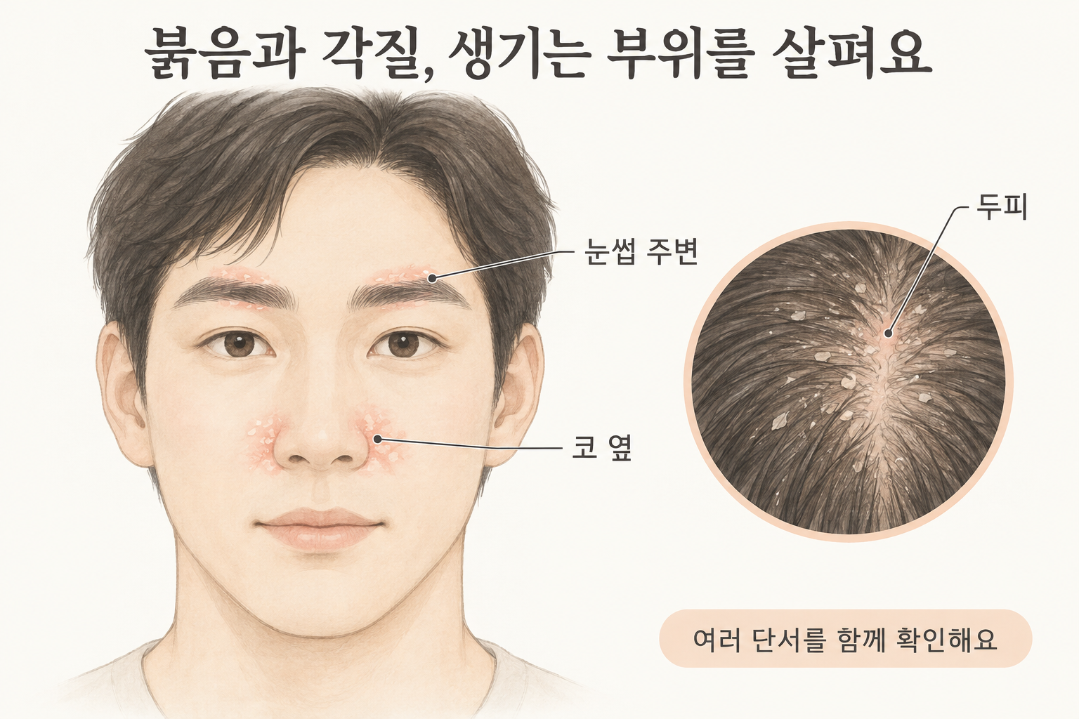 눈썹 주변과 코 옆, 두피에서 관찰할 붉음과 각질의 위치를 표시한 설명 그림