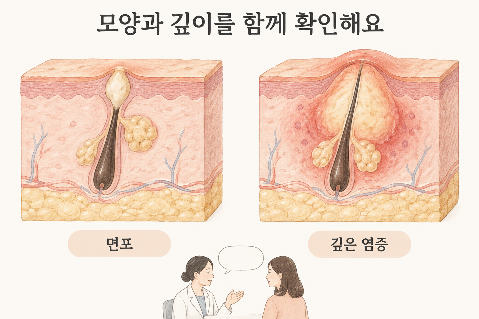 모공 입구의 면포와 더 깊은 염증을 각각 보여 주는 피부 단면 그림