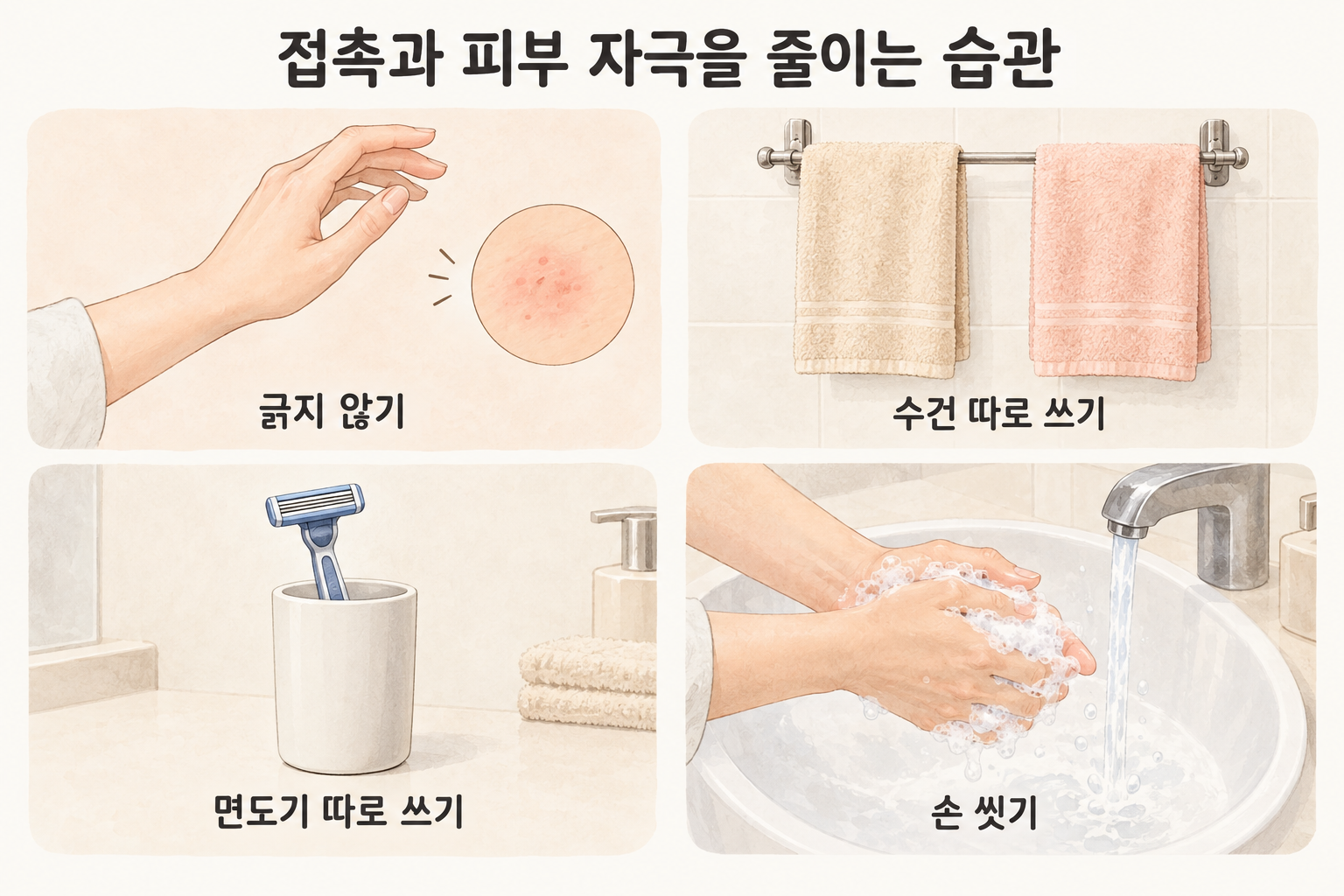 긁지 않기, 수건과 면도기 따로 쓰기, 손 씻기를 보여 주는 생활 관리 장면