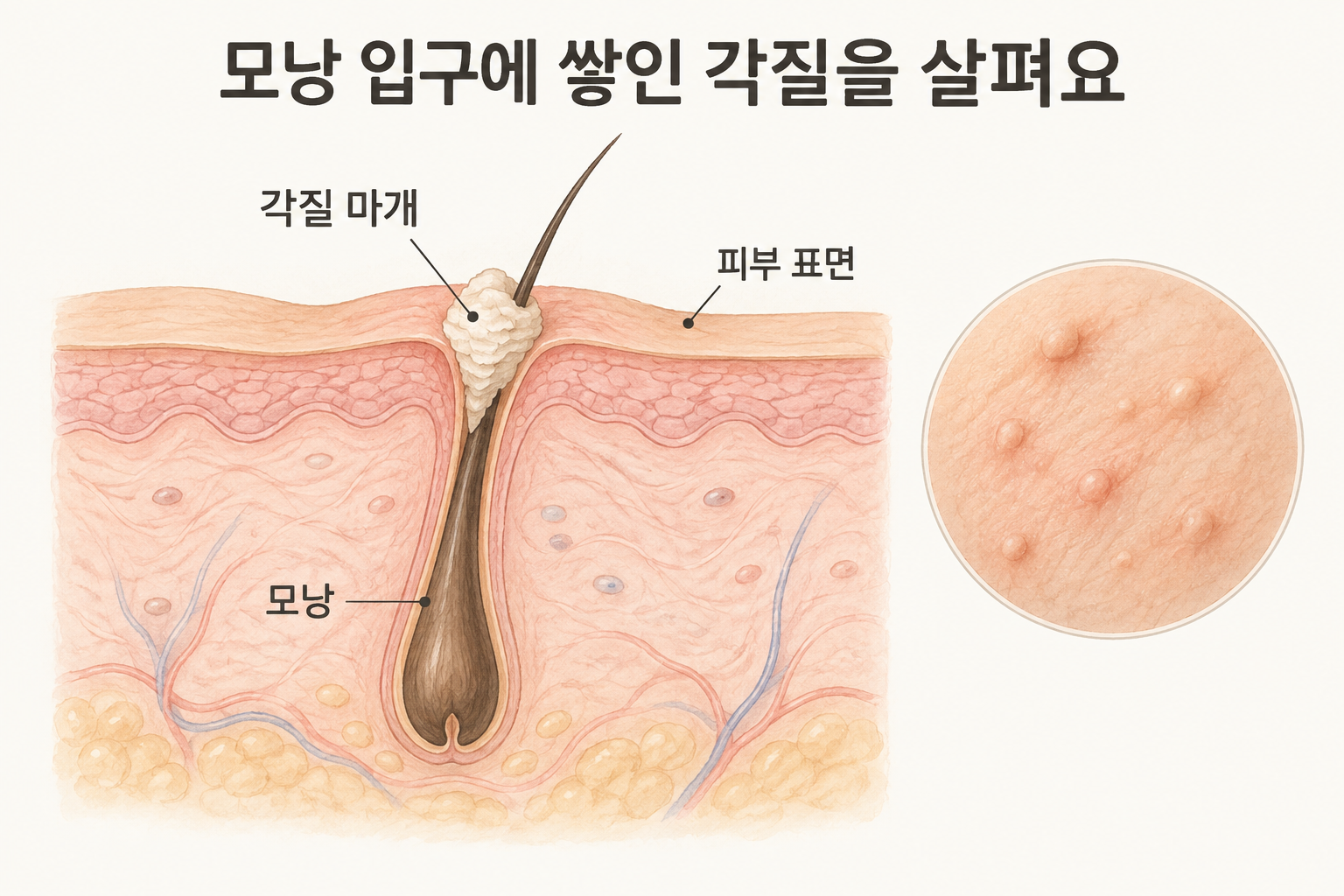 모낭 입구의 각질 마개와 모낭, 피부 표면을 보여 주는 단순 단면 그림