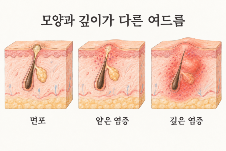 면포와 얕은 염증, 깊은 염증의 차이를 보여주는 설명 그림