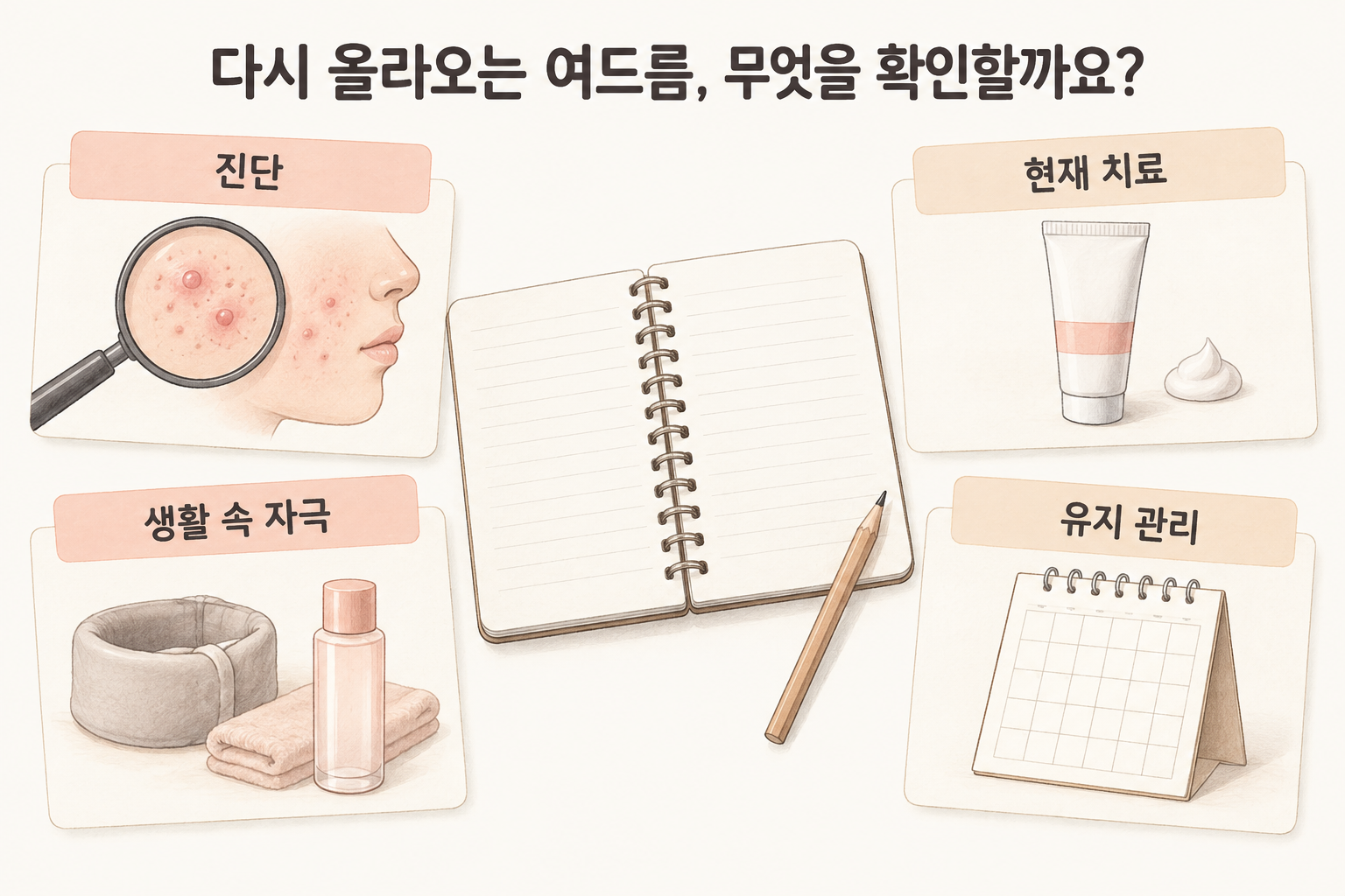 진단, 현재 치료, 생활 속 자극, 유지 계획을 점검하는 여드름 상담 카드