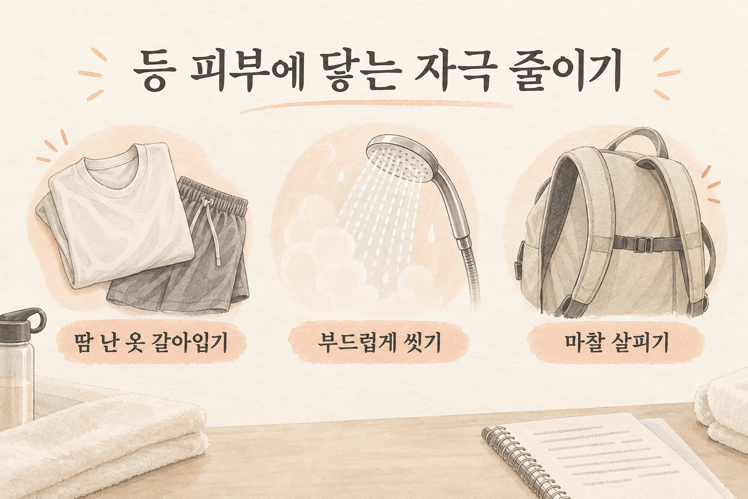 등 여드름 관리에서 땀 난 옷, 부드러운 세정, 마찰을 살피는 그림