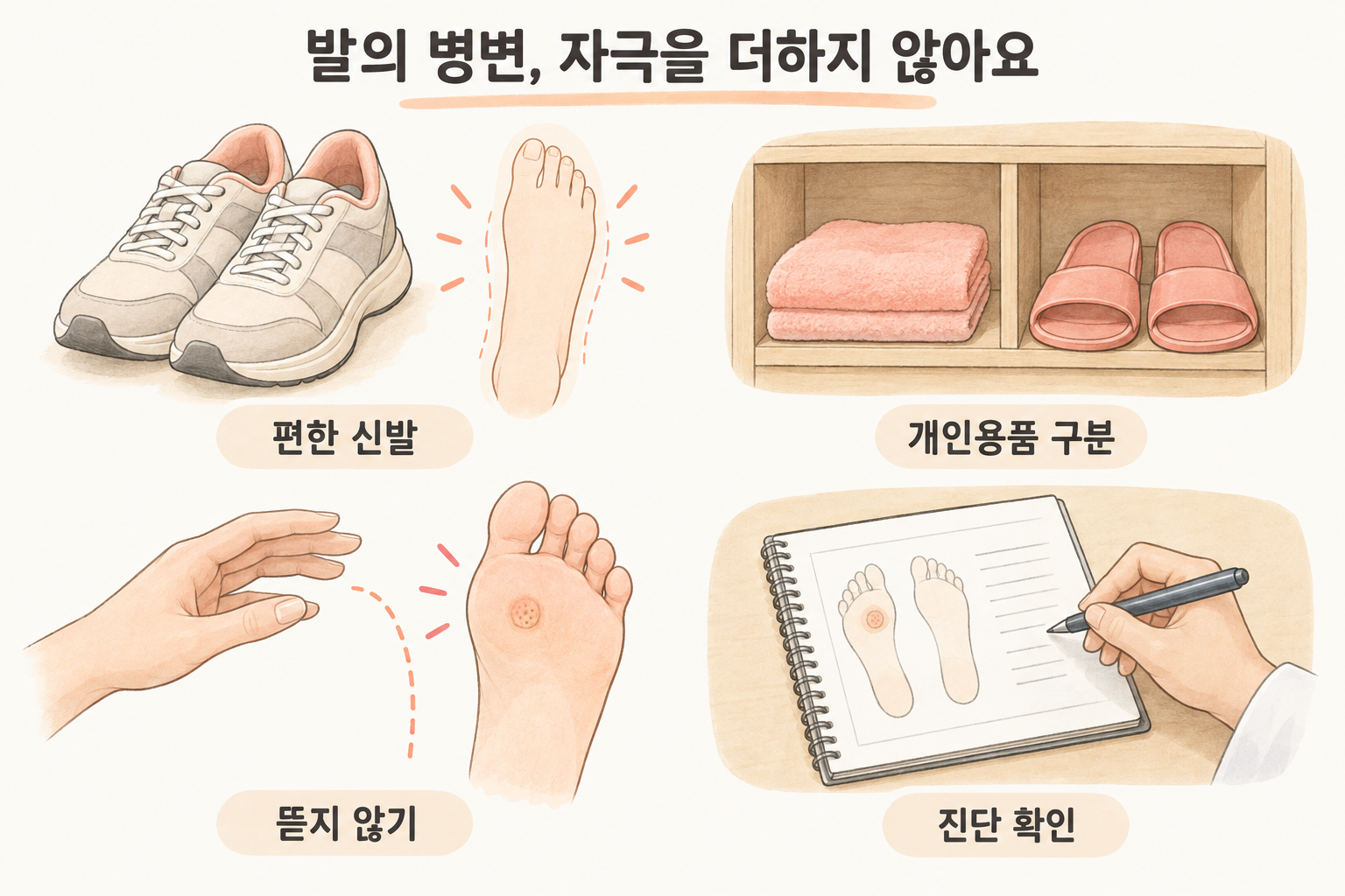 편한 신발, 개인용품 구분, 뜯지 않기, 진단 확인을 보여 주는 발 관리 그림