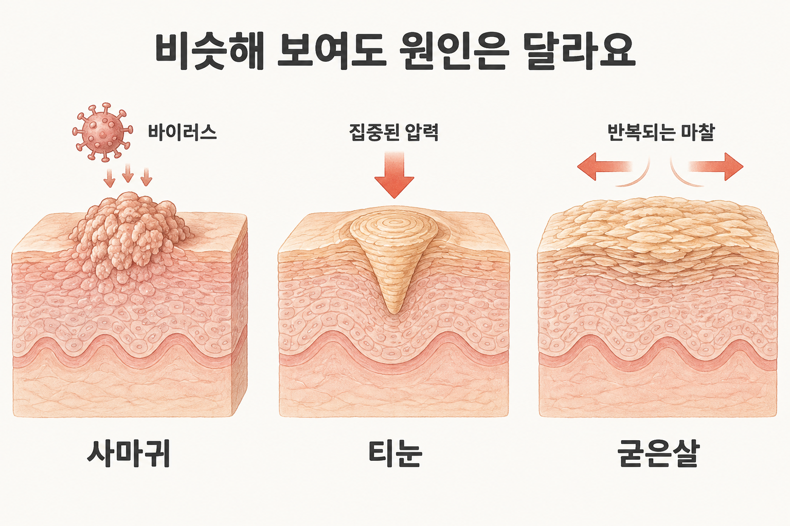 사마귀의 바이러스 요인, 티눈의 집중된 압력, 굳은살의 반복 마찰을 구분하는 개념 그림