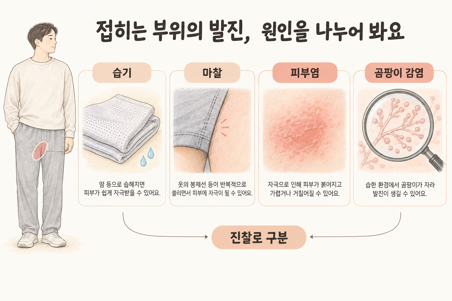 사타구니 발진은 습기와 마찰, 피부염과 감염 가능성을 나누어 확인합니다.