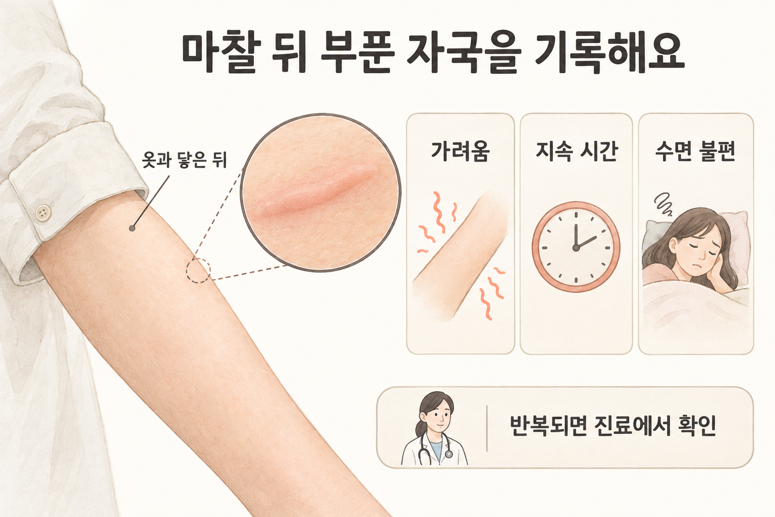 마찰 뒤 생긴 팽진의 지속 시간과 가려움, 수면 불편을 기록합니다.