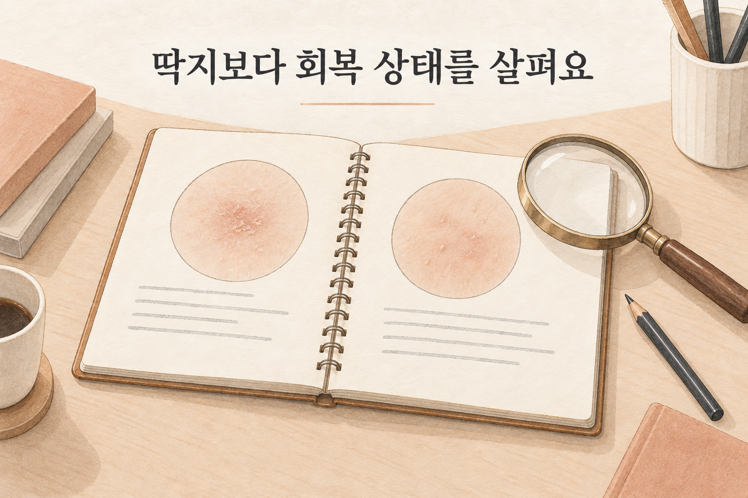 딱지 유무만으로 판단하지 않고 피부의 회복 상태를 살피는 설명 그림