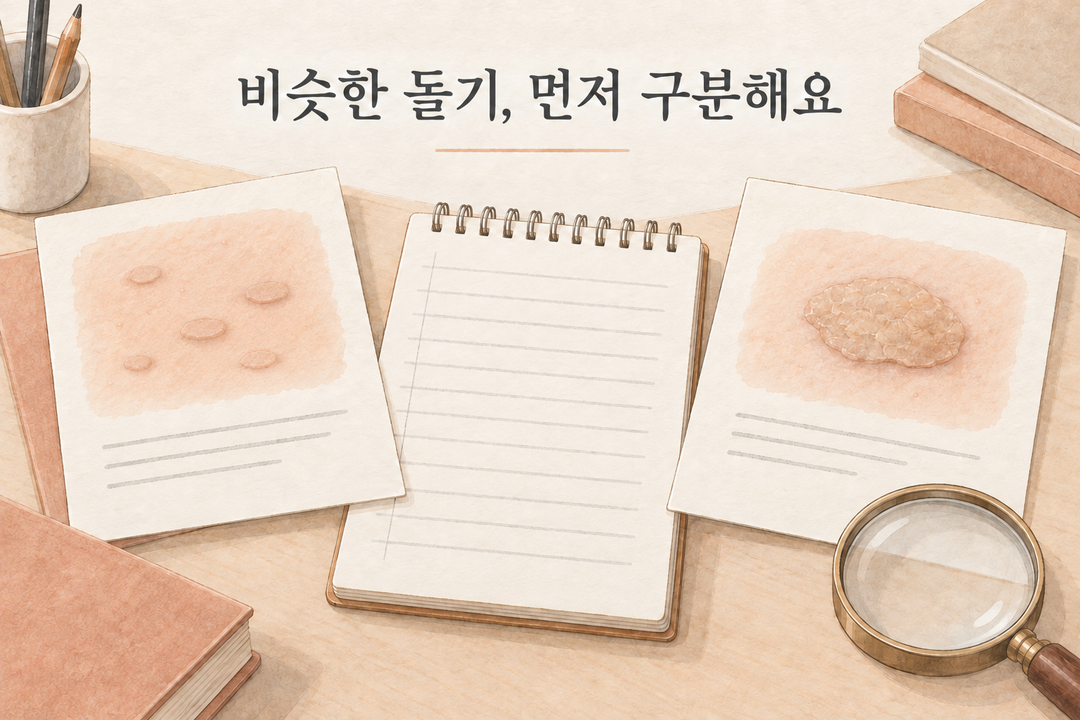 비슷하게 보이는 피부 돌기도 표면과 분포를 살펴 구분해야 함을 보여주는 교육 그림