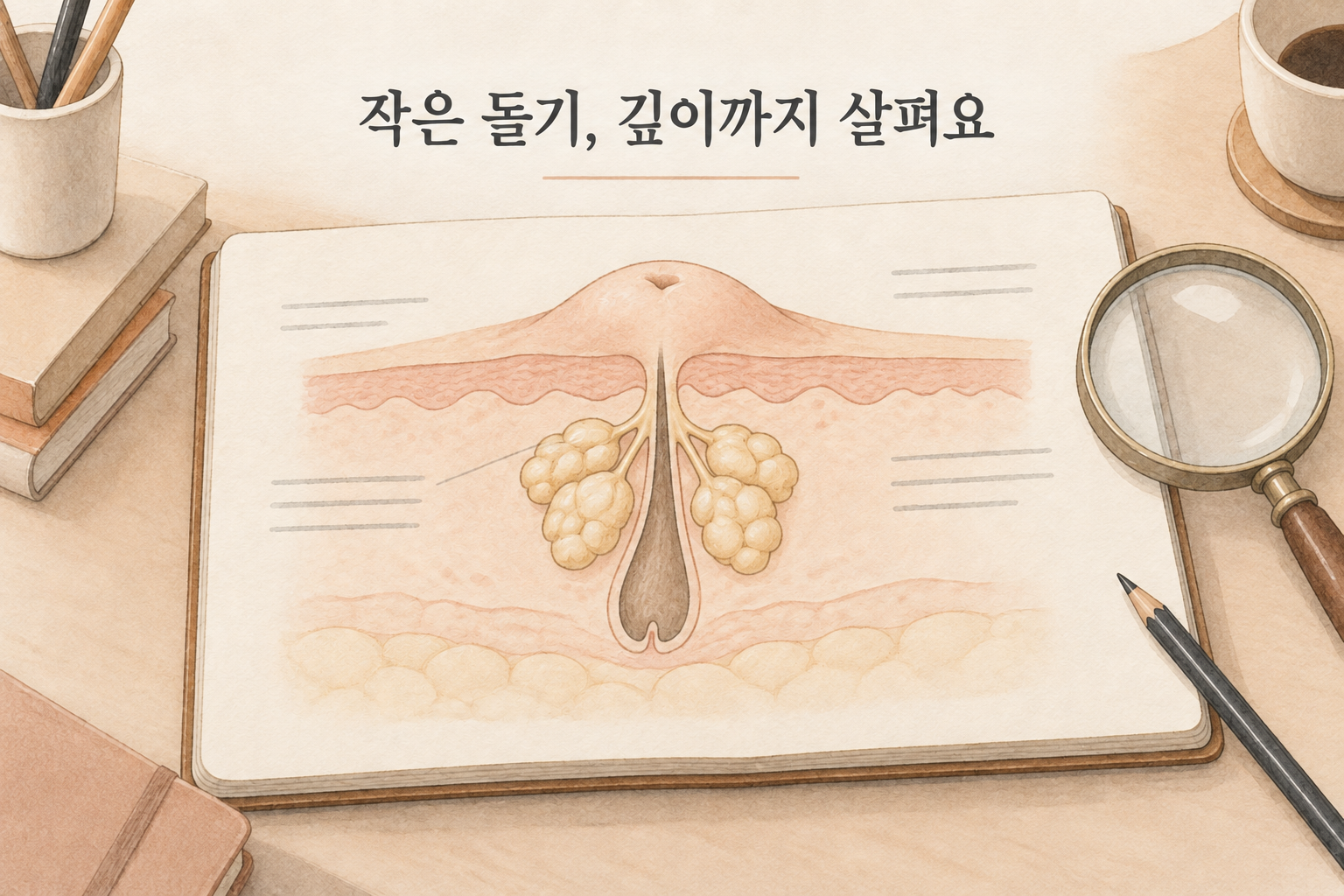작은 피부 돌기의 표면과 피지선 구조를 함께 살피는 단순 교육 도해