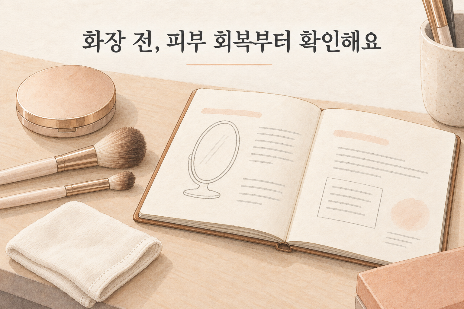 화장을 다시 시작하기 전에 피부 표면의 회복 상태를 확인하는 설명 그림