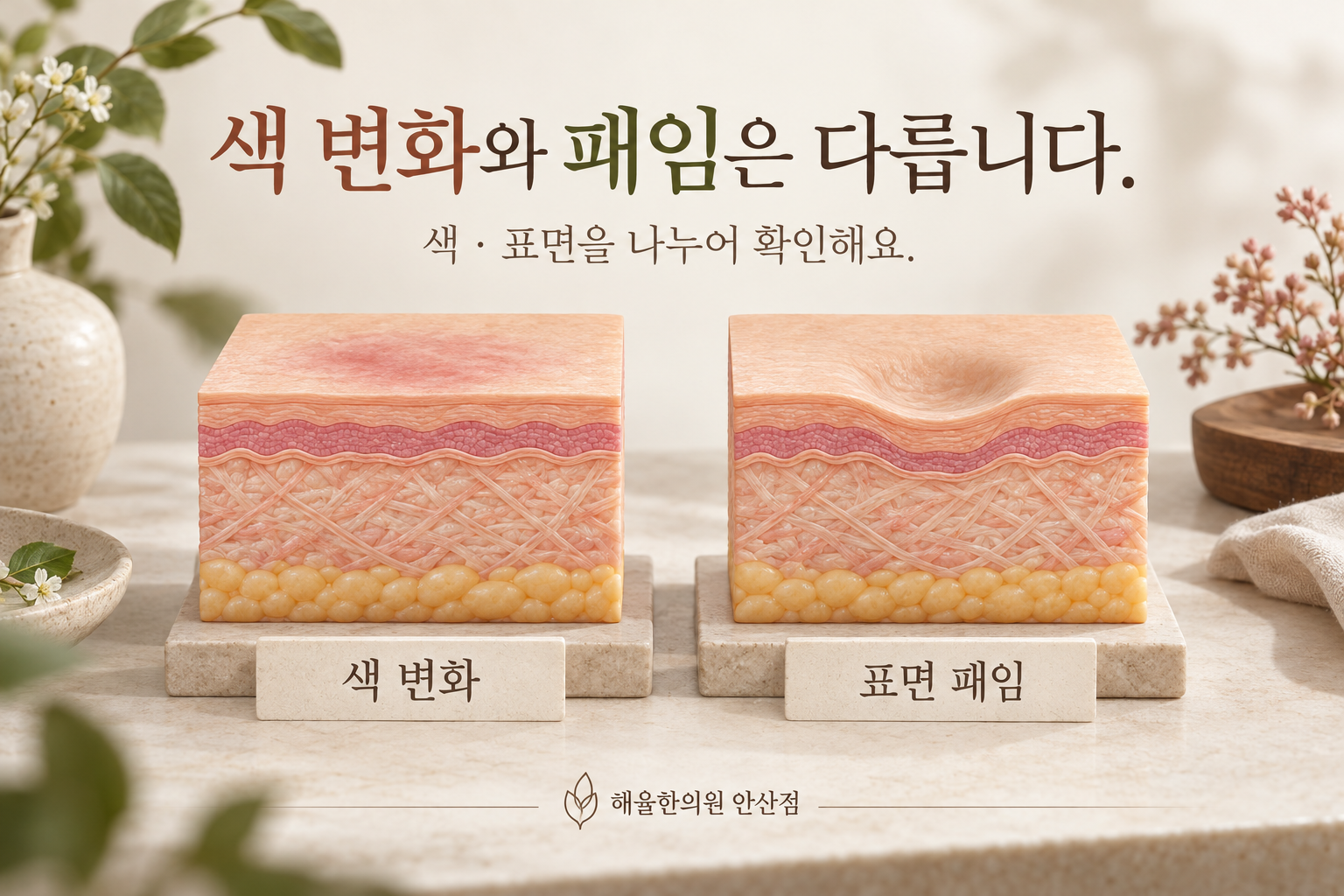 색이 달라진 평평한 피부와 표면이 패인 피부를 나란히 비교한 개념도
