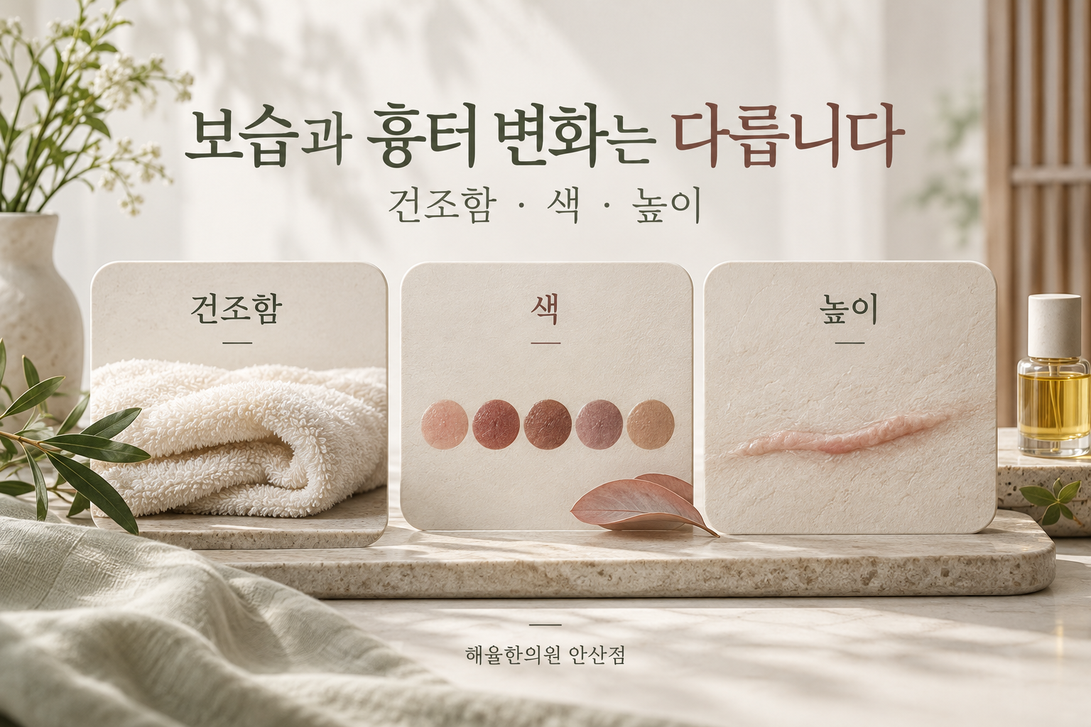 흉터 관리에서 건조함과 색 및 높이를 나누어 보여주는 그림