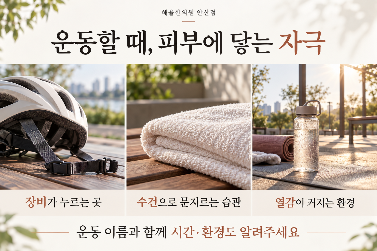 헬멧 끈, 수건, 더운 운동 환경으로 설명한 압박과 마찰, 열감의 확인 항목