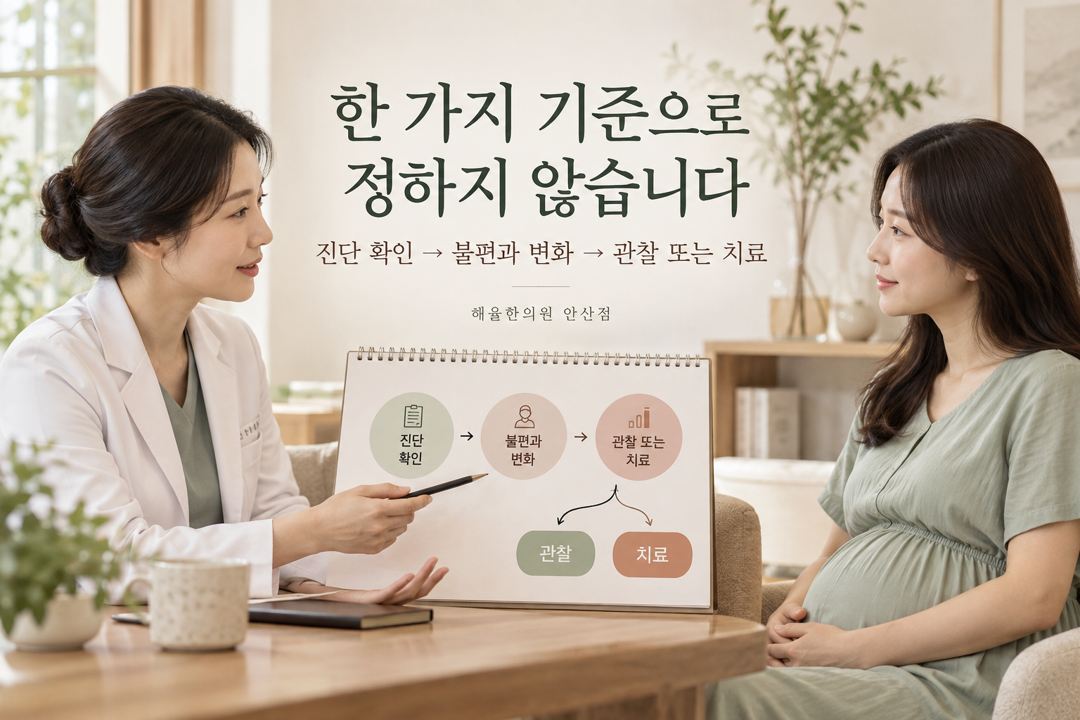 임신 중 피부 상담에서 진단과 불편을 확인해 관찰 또는 치료를 상의하는 장면
