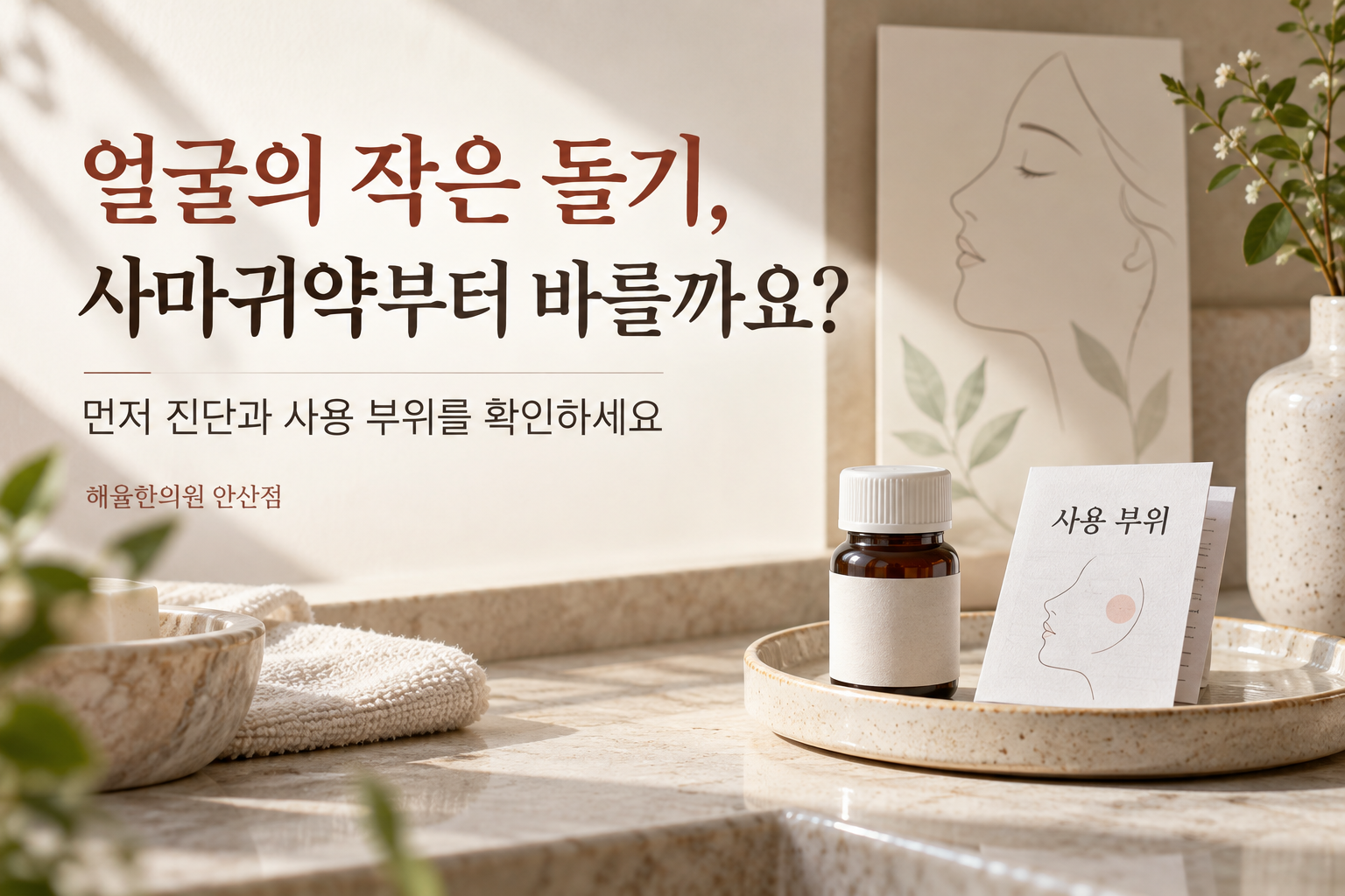 얼굴의 돌기를 관리하기 전 제품의 사용 부위를 확인하도록 안내하는 표지