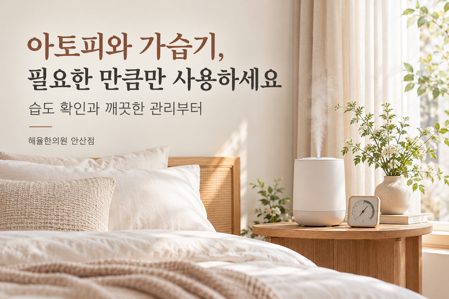 건조한 계절에 습도계와 가습기를 함께 사용하는 밝은 실내
