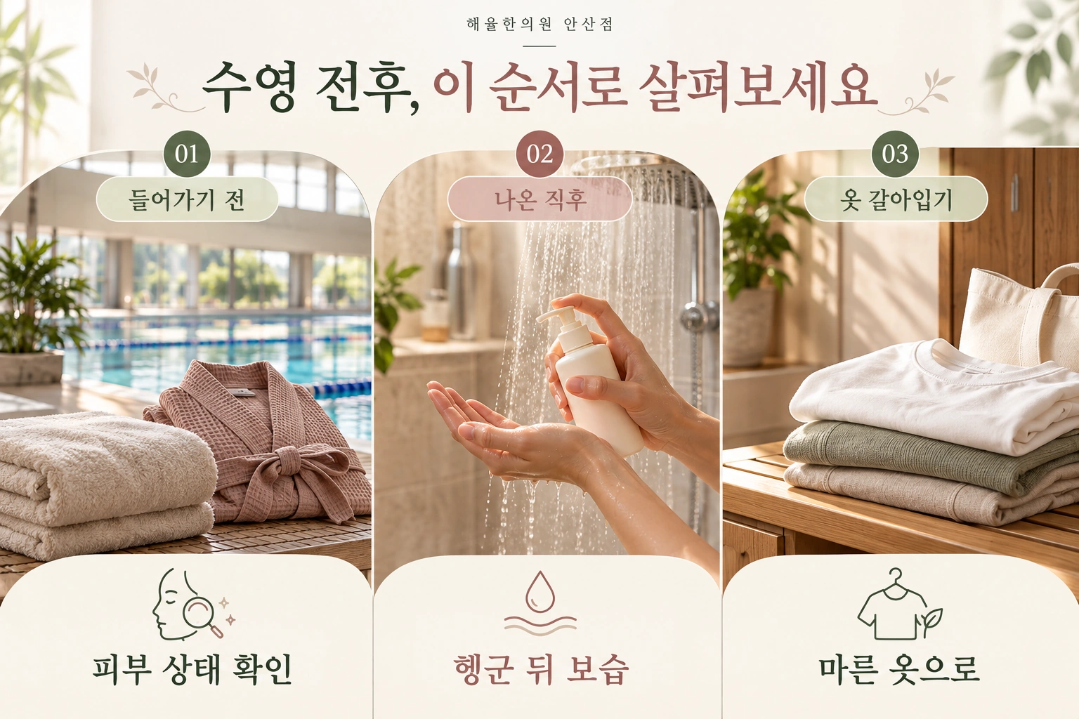 수영 전 피부 상태 확인, 수영 뒤 헹군 후 보습, 마른 옷으로 갈아입기를 안내한 순서도