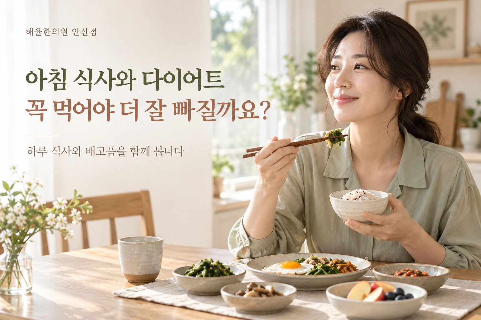 균형 잡힌 아침 식사를 앞에 두고 식사하는 성인의 장면