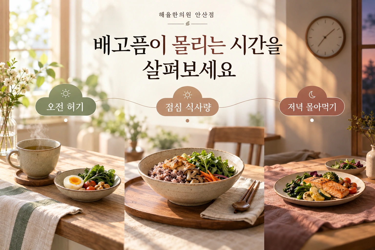 오전 허기, 점심 식사량, 저녁 몰아먹기를 하루 흐름으로 기록하는 안내