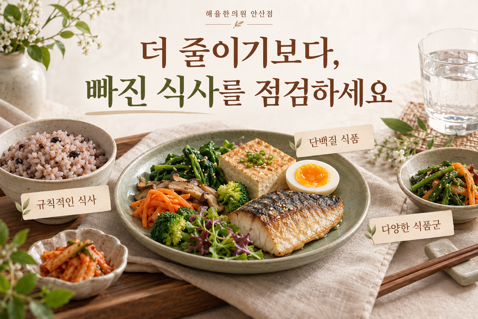 규칙적인 식사 단백질 식품 다양한 식품군을 보여주는 식탁 이미지