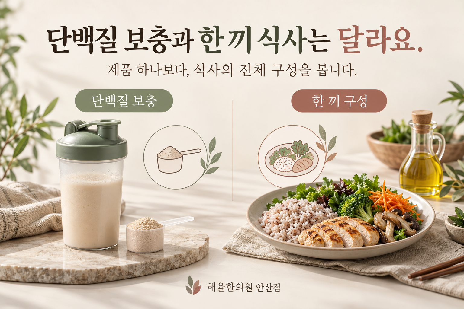 단백질 보충 음료와 여러 식품군으로 구성한 한 끼를 나란히 보여주는 그림