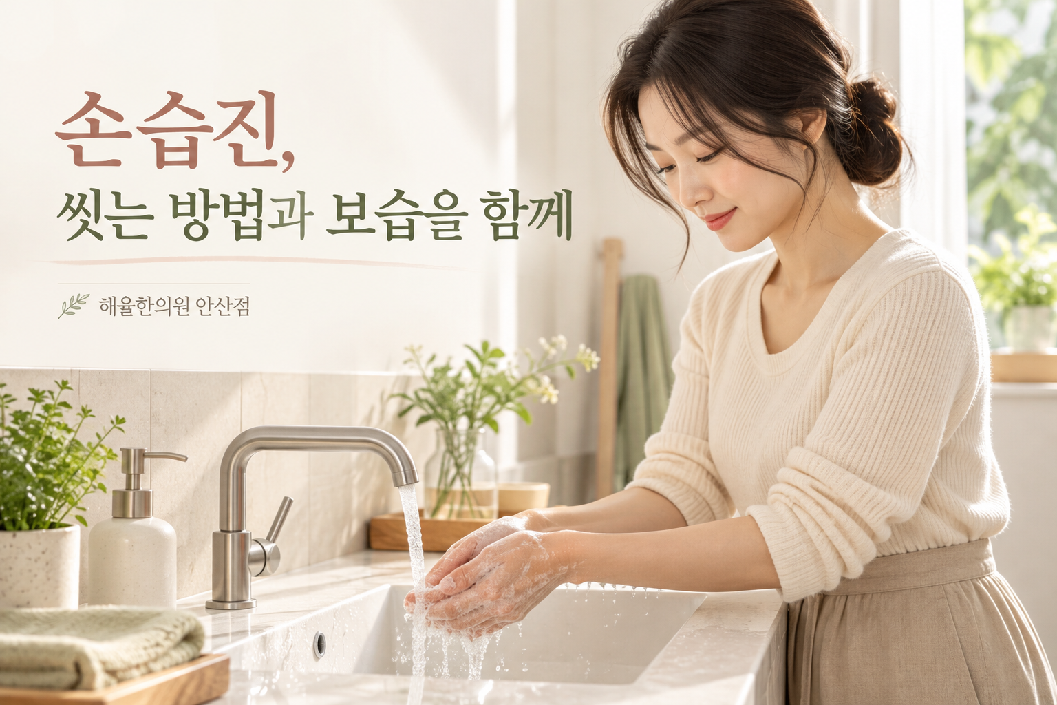 부드럽게 손을 씻으며 손 위생과 피부 관리를 함께 하는 여성