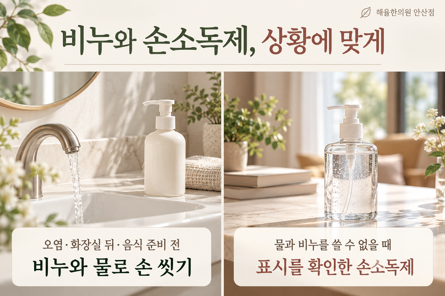 오염과 음식 및 화장실 관련 상황의 손 씻기와 물이 없을 때 손소독을 구분하는 안내