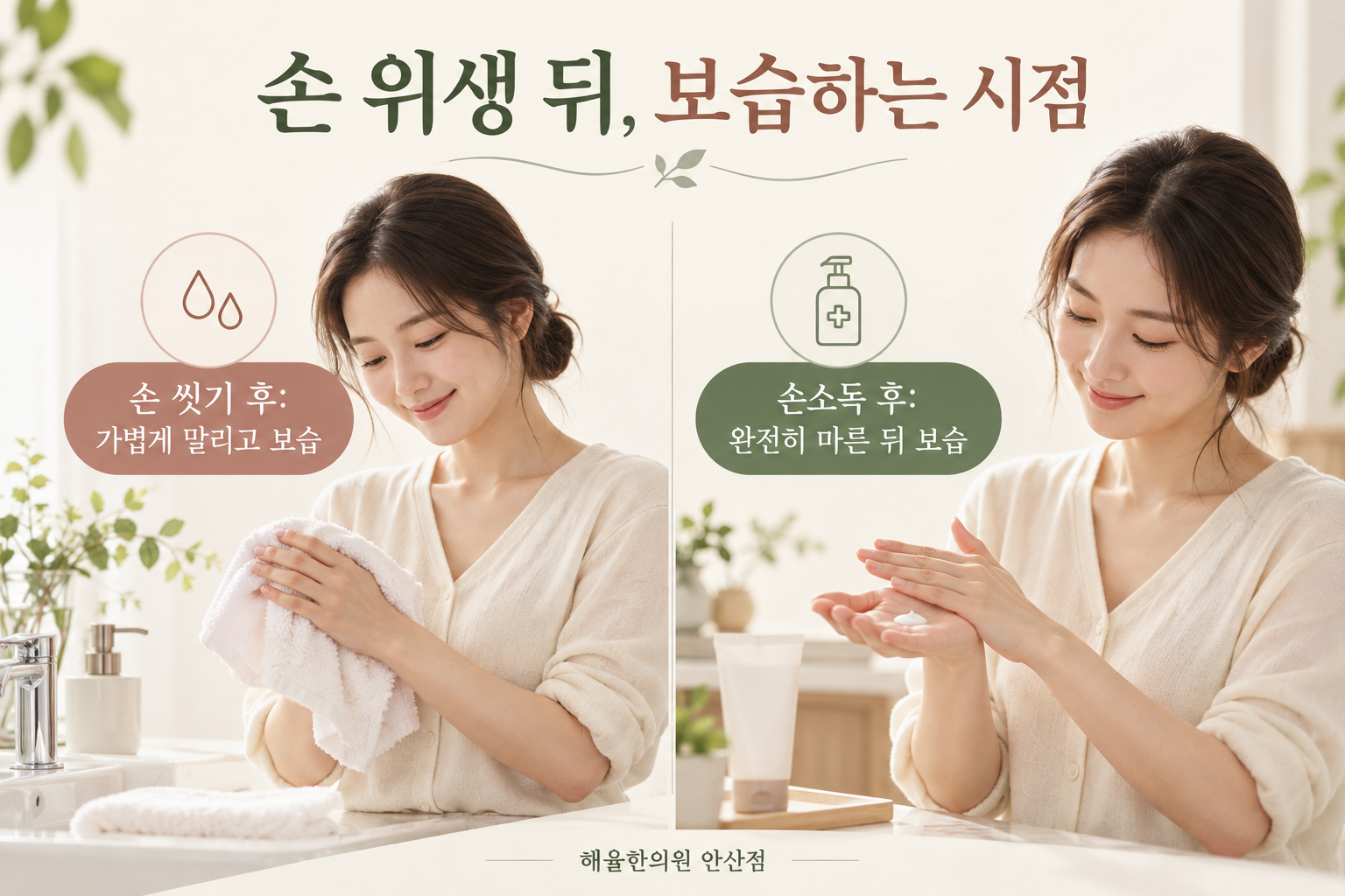 손 씻기 뒤 가볍게 말려 보습하고 손소독 뒤에는 완전히 마른 후 보습하는 방법
