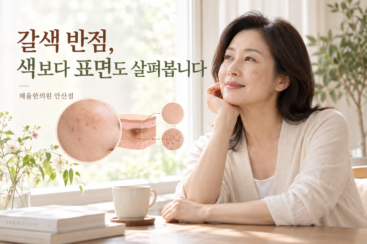 얼굴의 갈색 반점에서 색과 표면을 함께 살펴보는 여성