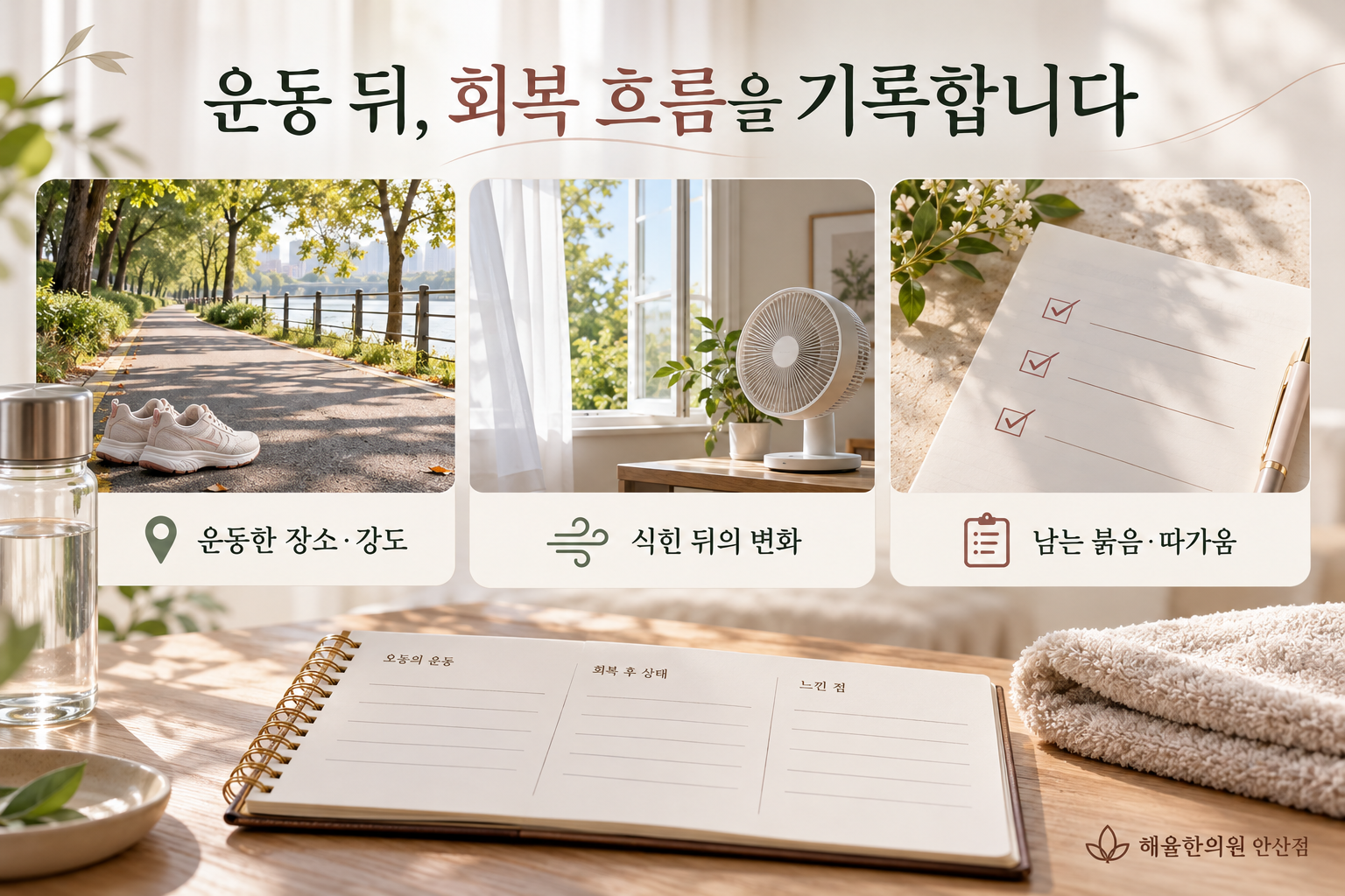 운동 전 피부와 식힌 뒤 변화 및 따가움이 남는지를 기록하는 항목