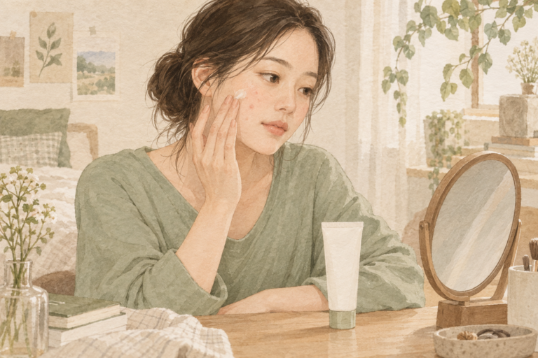 여드름 피부에 보습제를 부드럽게 바르는 수채화 설명 그림