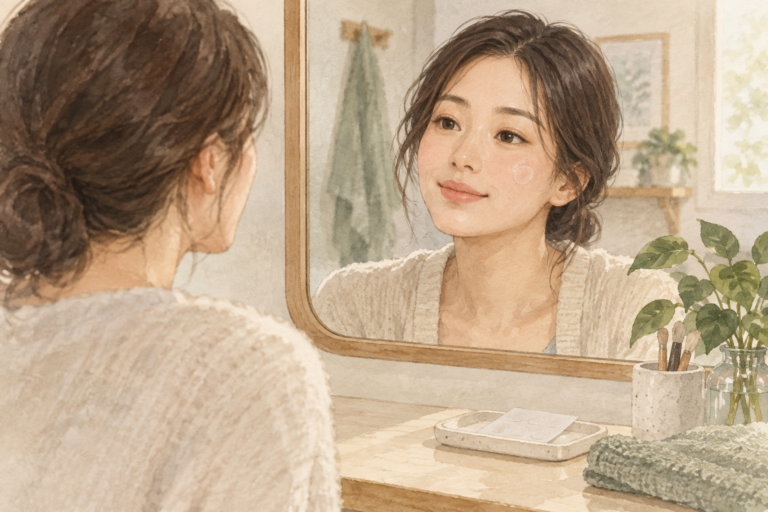 볼에 작은 여드름 패치를 붙이고 거울을 보는 성인의 수채화 설명 그림