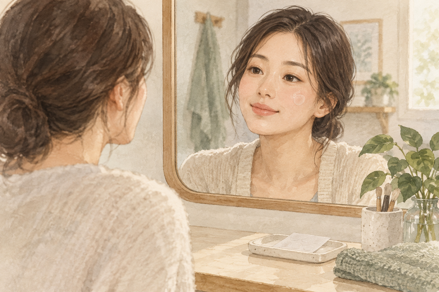 볼에 작은 여드름 패치를 붙이고 거울을 보는 성인의 수채화 설명 그림