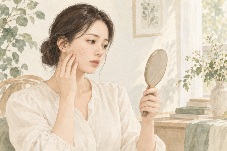 거울로 볼의 피부 높낮이를 살펴보는 성인의 수채화 설명 그림