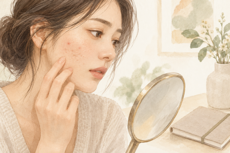 여드름과 패인 흉터가 있는 피부를 상담하는 수채화 설명 그림