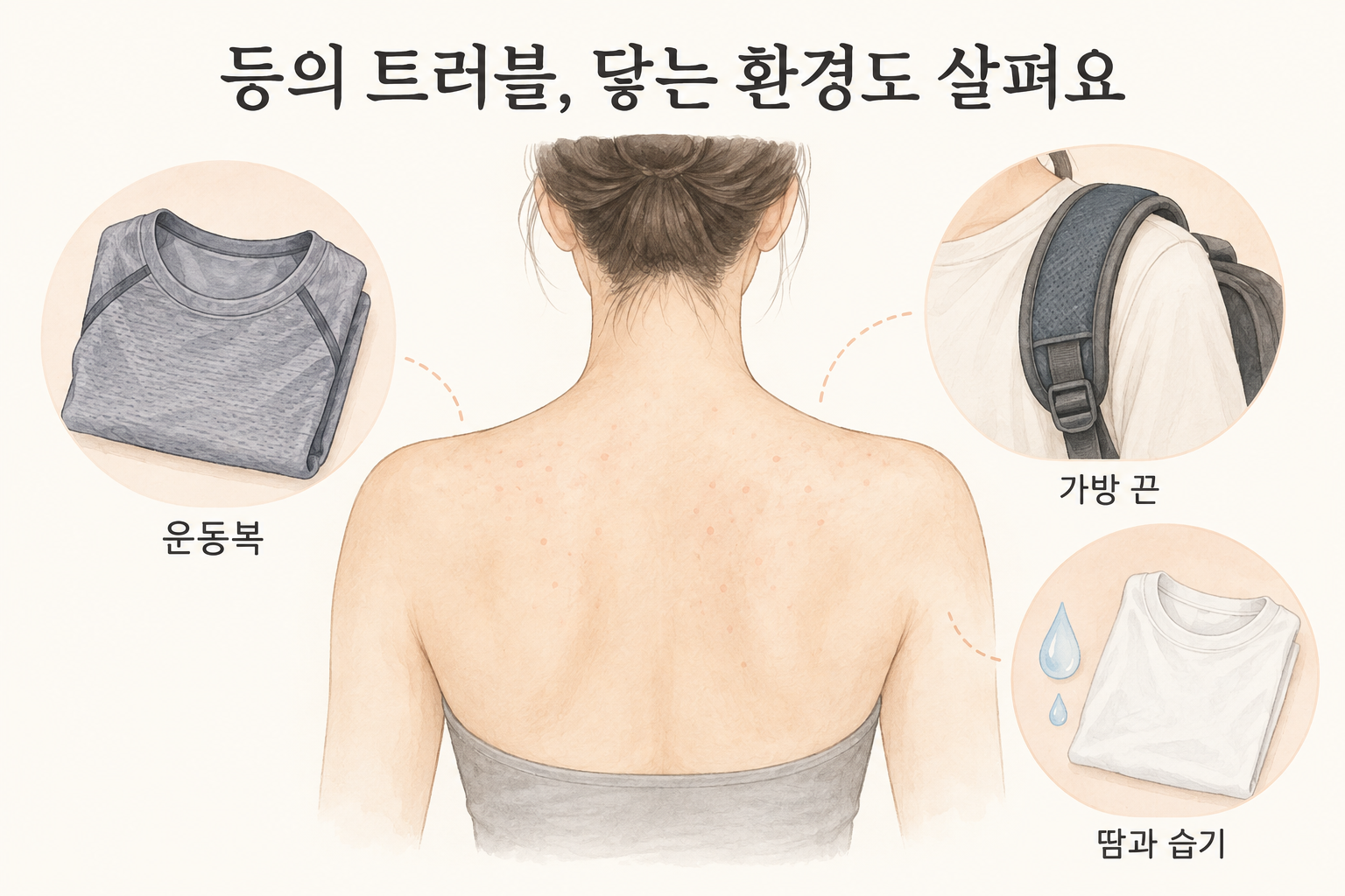 등 피부와 운동복, 가방끈, 땀이 닿는 환경을 그린 수채화 설명 그림