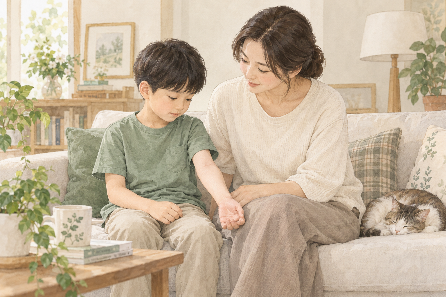 편안하게 앉은 아이의 팔을 보호자가 살펴보는 수채화 설명 그림