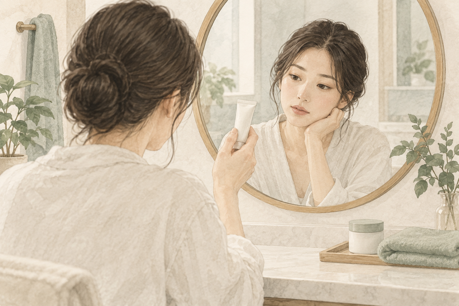 거울 앞에서 바르는 제품의 안내를 살펴보는 수채화 설명 그림